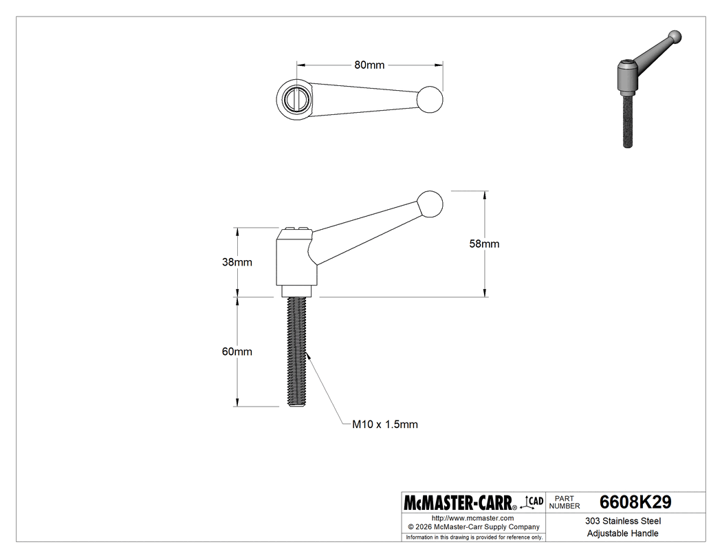 Technical Drawing of 303 Stainless Steel Adjustable Handle, with M10 x 1.5 mm Thread Size x 60 mm Long Stud, 58 mm Projection.